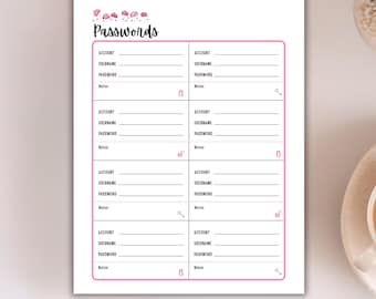 Password Tracker Printable with Notes | Internet Passwords Log | Simple Bullet journal page | PDF Planner Insert US Letter, Half, A4, A5