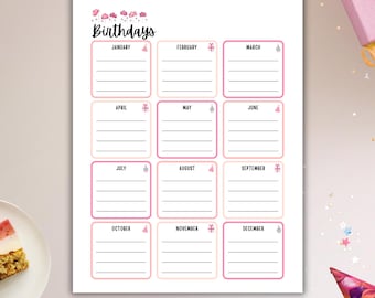 Birthday Tracker Printable - Special Dates Calendar | Bullet Journal Page |  PDF Planner Insert US Letter, Half size, A4, A5
