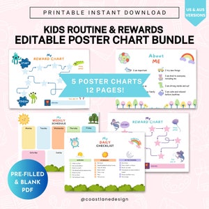 Kinderroutine en beloningen bewerkbare posterkaartbundel, dagelijkse checklist, wekelijks schema, zeemeerminnen, monsters beloningsgrafieken, over mij, afdrukbaar