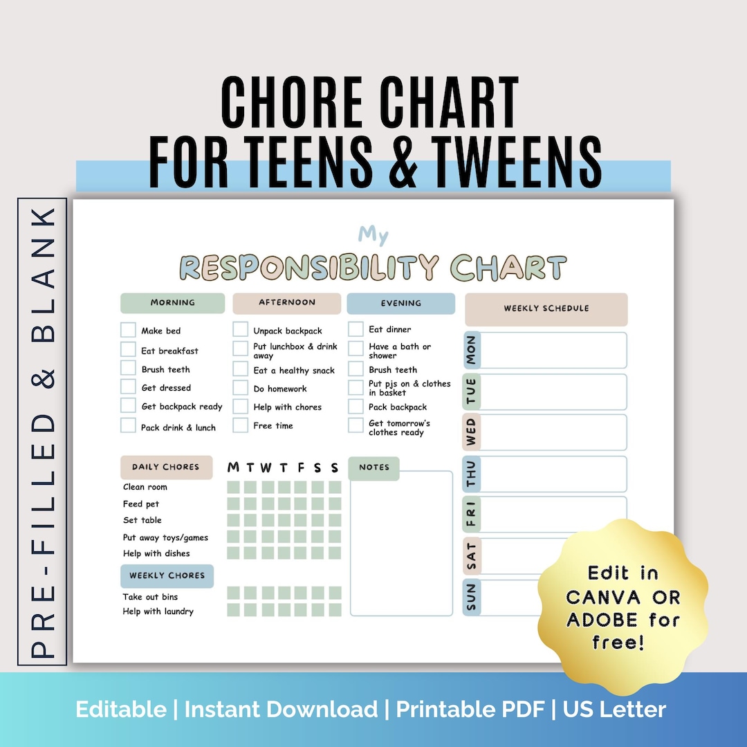 Buy Editable Responsibility Chore Chart for Teens & Tweens Printable ...