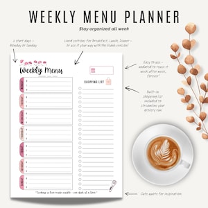 Weekly Menu Plan with Breakfast, Lunch, and Dinner sections plus shopping list – printable meal planning sheet