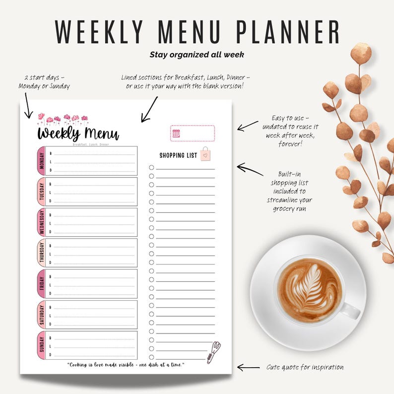 Weekly Menu Plan with Breakfast, Lunch, and Dinner sections plus shopping list – printable meal planning sheet