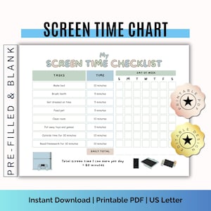 Może przedstawiać: Wydrukowany wykres czasu spędzonego przed ekranem z tekstem "Screen Time Chart" i "Screen Time Checklist". Wykres zawiera zadania, czas i sekcję dzień tygodnia. Zawiera tekst "Instant Download | Printable PDF | US Letter".