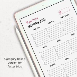 Category-based grocery list printable with sections for fruit, vegetables, dairy, meat, pantry, and household items.