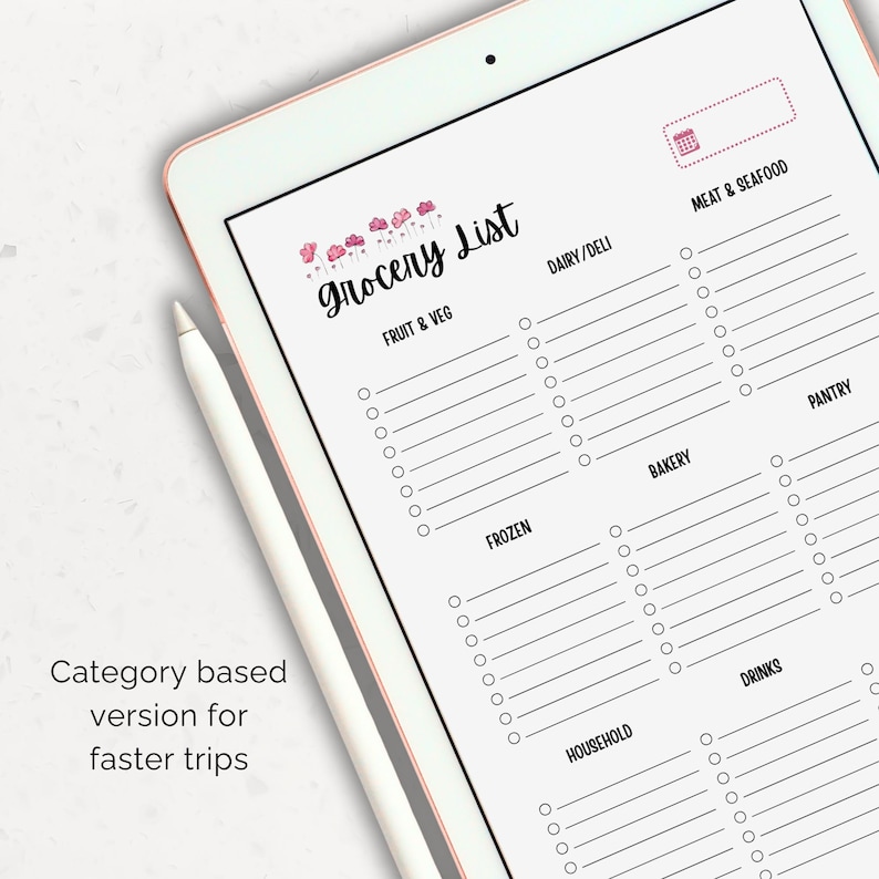 Category-based grocery list printable with sections for fruit, vegetables, dairy, meat, pantry, and household items.