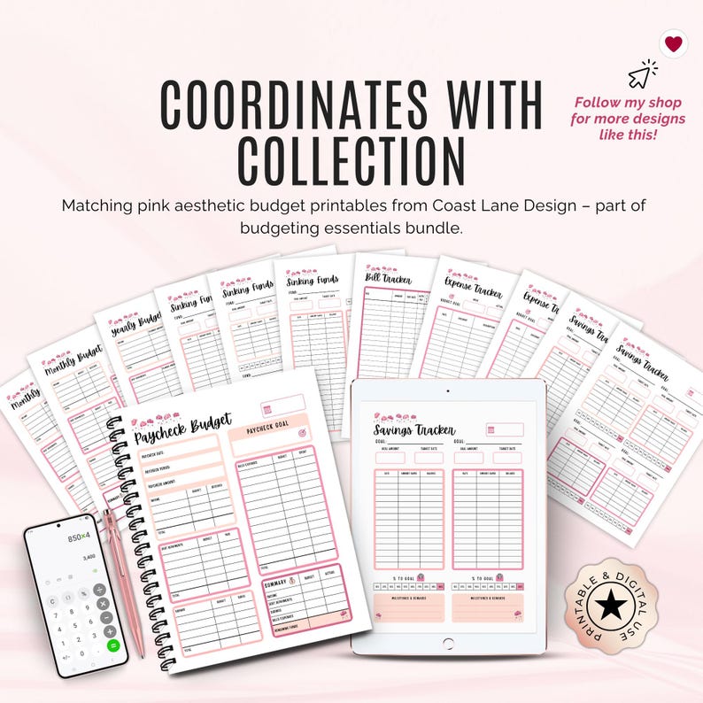 Coordinated pink budget planning bundle with other Coast Lane Design tools