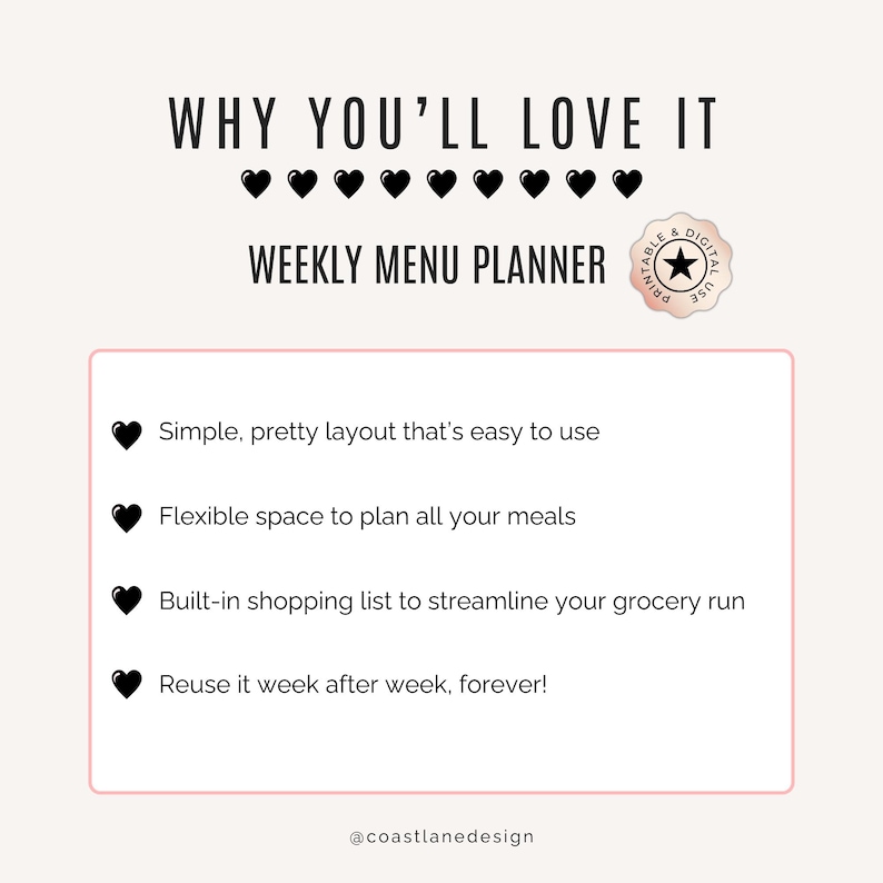 Weekly Menu Planner with simple, pretty layout that’s easy to use, space to plan all three meals a day and built-in shopping list to streamline your grocery run.  4 versions included – choose what suits your lifestyle. Reuse it week after week, forever!
