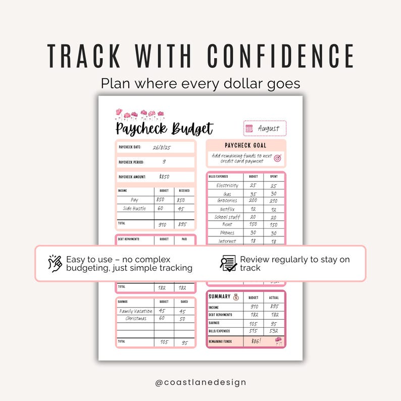 Paycheck budgeting sheet filled in