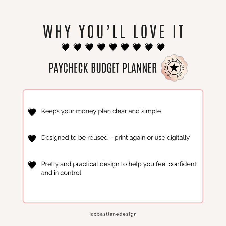 Paycheck Budget Planner printable in soft pink floral, designed to be reused for digital or printable use.  Pretty and practical design.