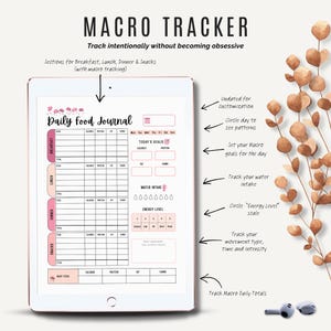 Close-up of macro food journal with callout labels for protein tracking, water intake, and undated layout, shown on tablet ready for digital planning.
