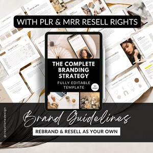 以下が含まれることがあります： 「The Complete Branding Strategy」と「Fully Editable Template」というテキストが表示されたブランディング戦略テンプレートを表示するデジタルタブレット。このテンプレートは、リブランディングして独自のブランドとして再販するために設計されています。タブレットは、ラップトップ、コーヒーカップ、本積みなど、他のブランディング要素に囲まれています。