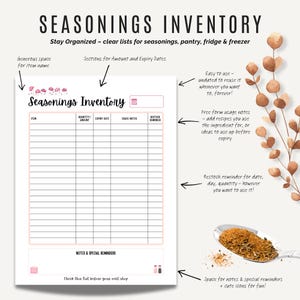 Kitchen organisation printable inventory sheets for pantry, fridge, freezer and spices and seasonings, easy to print at home.