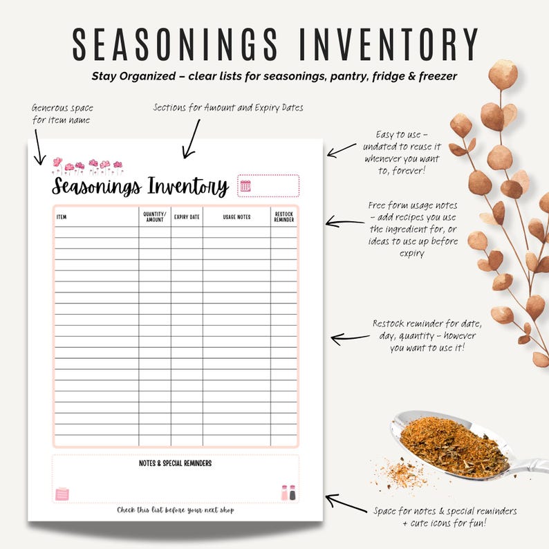 Kitchen organisation printable inventory sheets for pantry, fridge, freezer and spices and seasonings, easy to print at home.