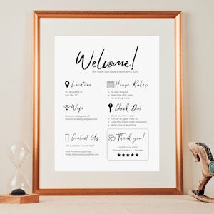 Nowoczesny zestaw znaków powitalnych Airbnb dla gospodarzy: konfigurowalny przyjazd, WIFI, zasady domu, wymeldowanie gości, wydruk wynajmu wakacyjnego - Canva edytowalny