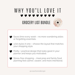 Grocery list bundle includes 3 list styles in one – choose the layout that matches your shopping style, from quick category-based trips to big bulk hauls.