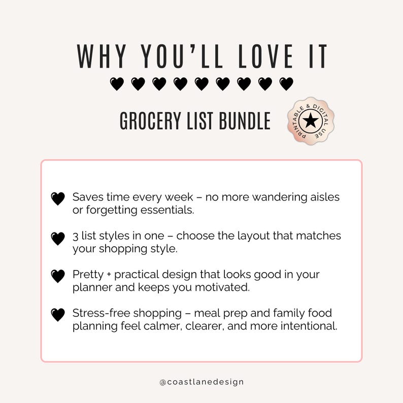 Grocery list bundle includes 3 list styles in one – choose the layout that matches your shopping style, from quick category-based trips to big bulk hauls.