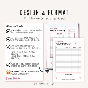 Instant download printable kitchen organisation bundle – food inventory templates for home and digital use.