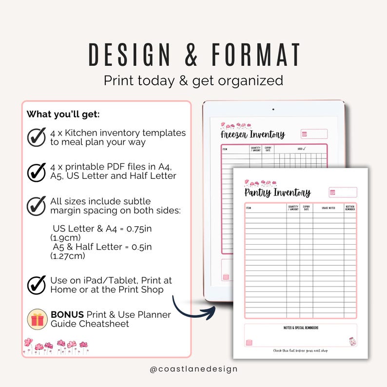 Instant download printable kitchen organisation bundle – food inventory templates for home and digital use.