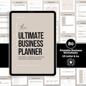 May include: A digital tablet displaying a business planner workbook with the text "The Ultimate Business Planner" and "For Small Business Startups, Coaches & Entrepreneurs". The tablet is surrounded by 80 printable business worksheets in US Letter and A4 sizes.
