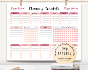 Cleaning Schedule Printable | Daily, Weekly, Monthly, Seasonal & Room-by-Room Checklist | 2 Layouts + 30-Day Declutter Challenge
