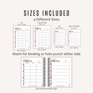 Printable weekly menu planner PDF – 3 versions, Sunday or Monday start, in A4 and US Letter sizes, plus A5 and half size.  Includes subtle margins for binder or planner inserts.