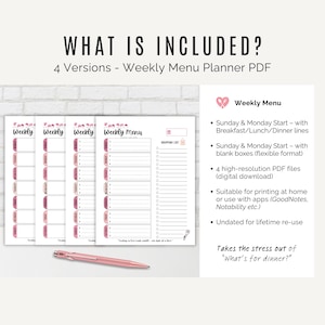 Set of 4 Weekly Meal Planner Printables – includes Sunday start and Monday start, lined and blank layouts