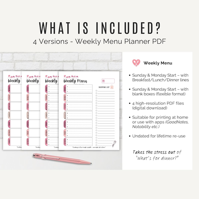 Set of 4 Weekly Meal Planner Printables – includes Sunday start and Monday start, lined and blank layouts