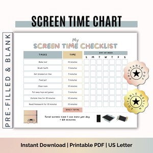 Editable Screen Time Chart for Kids – Earn Screen Time Checklist with Daily Task Reward Tracker – Printable PDF & Canva Template