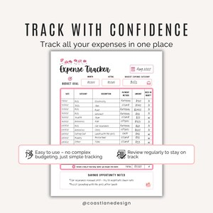 Monthly expense tracker template in pink with space to log all spending categories and payment types.