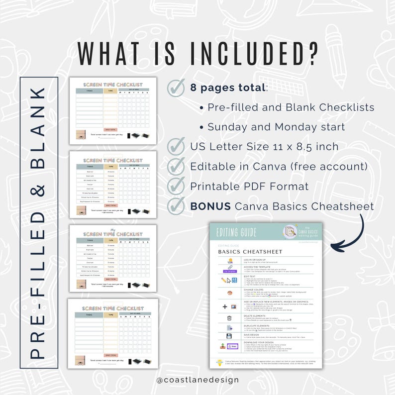 Editable Screen Time Checklist chart includes instant digital download, 8 page printable PDF, Monday and Sunday Start, US Letter size, PLUS a Canva customizable template and  BONUS Canva Basics Cheatsheet