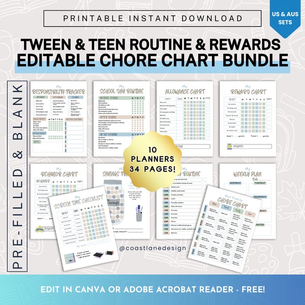 Kids Chore Charts Bundle for Tweens and Teens, Green, Blue Routine and Rewards Printables, Editable PDFs, digital download, Canva Templates