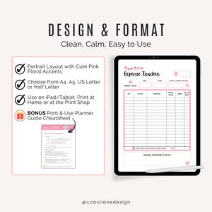 Pink aesthetic expense tracker PDF shown on a digital planner app on an iPad with stylus.