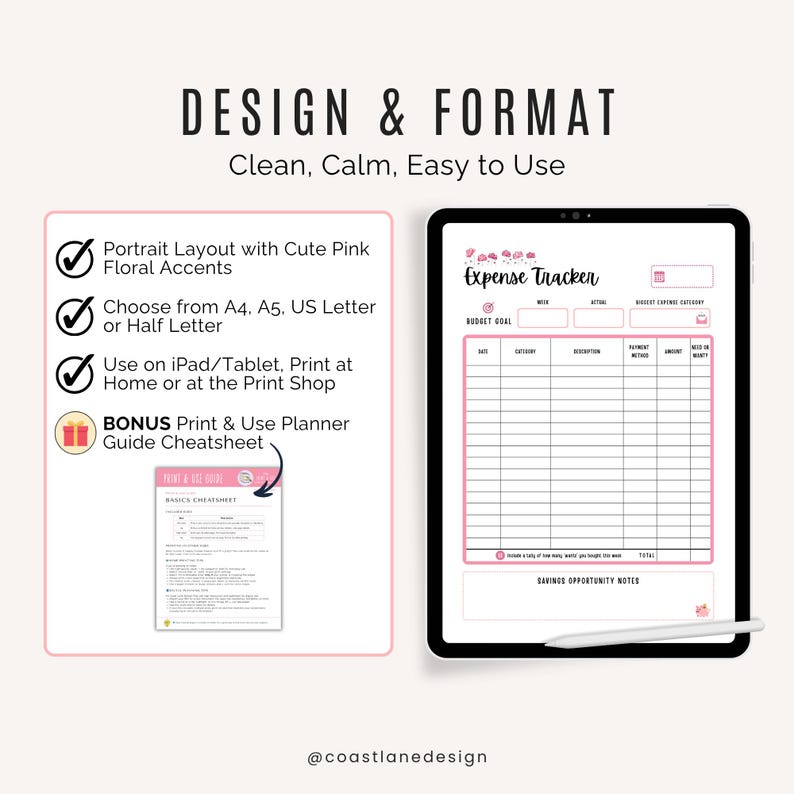 Pink aesthetic expense tracker PDF shown on a digital planner app on an iPad with stylus.
