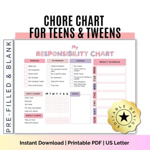 Tableau modifiable des tâches ménagères pour adolescents : liste de contrôle des responsabilités imprimable (modèle PDF et canva)