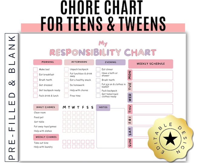 Quadro de Tarefas para Adolescentes - Lista de Responsabilidades para ...