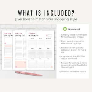 Three grocery list printable styles side by side – category shopping list, bulk grocery planner, and hybrid list for meal prep.