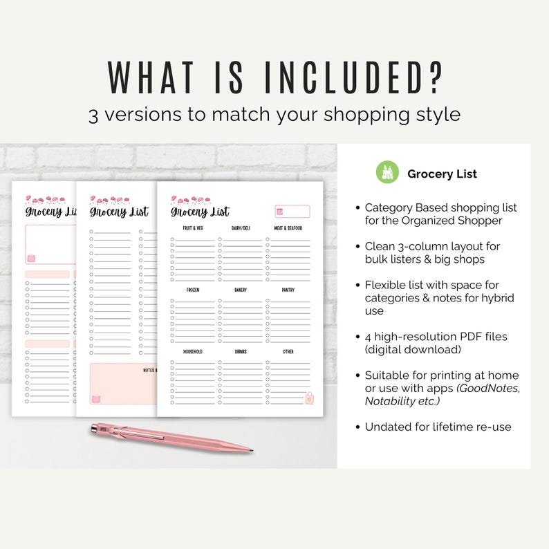 Three grocery list printable styles side by side – category shopping list, bulk grocery planner, and hybrid list for meal prep.