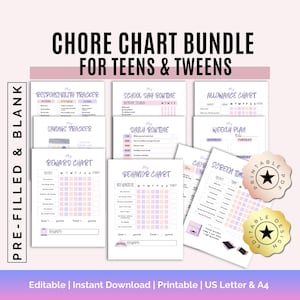 Op de afbeelding: Een printbare takenkaartbundel voor tieners en pre-tieners. De bundel bevat kaarten voor verantwoordelijkheid, sparen, beloningen, gedrag, schoolroutine, dagelijkse routine, toelage, weekplanning en schermtijd. De kaarten zijn ontworpen met een roze en paarse kleurschema en bevatten een stervormig printbaar PDF-pictogram.