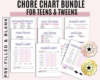 Chore Charts for Teens & Tweens, Pink, Purple, Behavior, Screen Time, Rewards Printables, Editable PDFs, Digital Download, Canva Templates