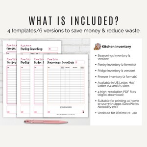 Kitchen organisation printables – Seasonings, Pantry, Fridge and Freezer inventory sheets with 6 versions included.