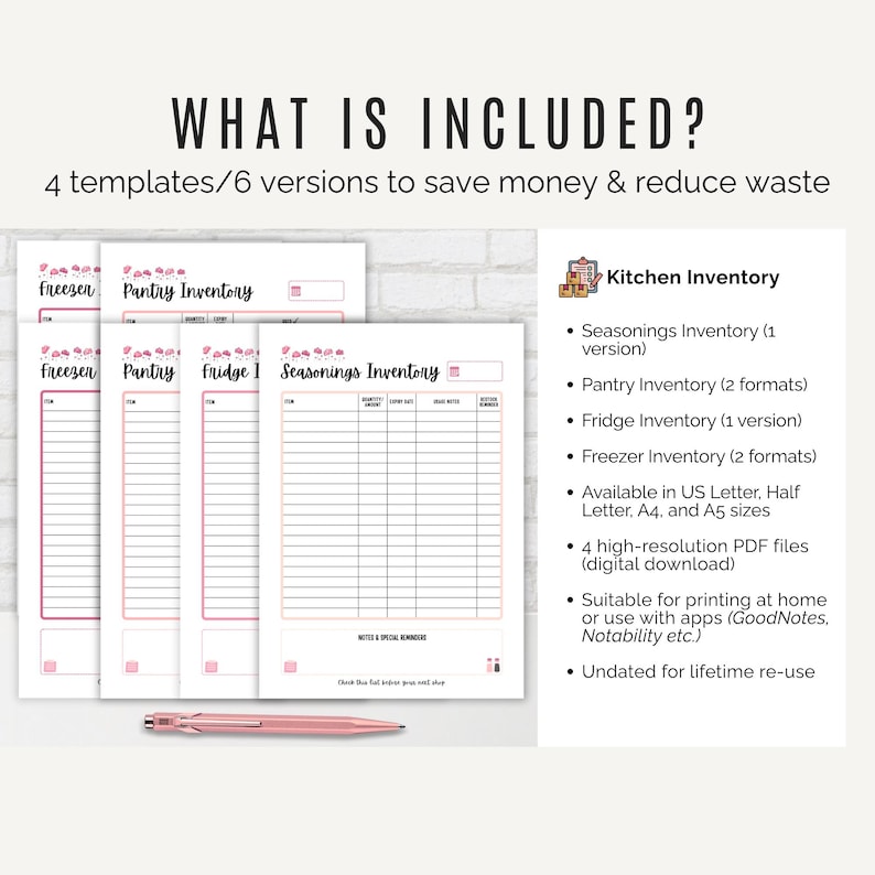 Kitchen organisation printables – Seasonings, Pantry, Fridge and Freezer inventory sheets with 6 versions included.