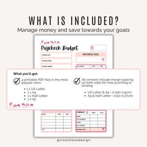 Full page layout of paycheck budget tracker available in A4, A5, US Letter and Half Letter Size