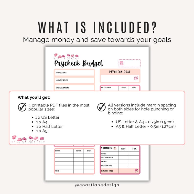 Full page layout of paycheck budget tracker available in A4, A5, US Letter and Half Letter Size