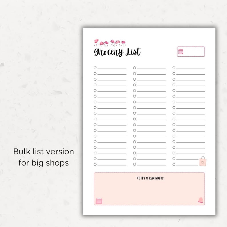 Simple bulk grocery list printable with three-column layout for writing a large shopping list.