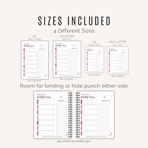Weekly menu planner printable PDF in A4, US Letter, A5, and Half Letter sizes – instant digital download for printing or digital planning.
