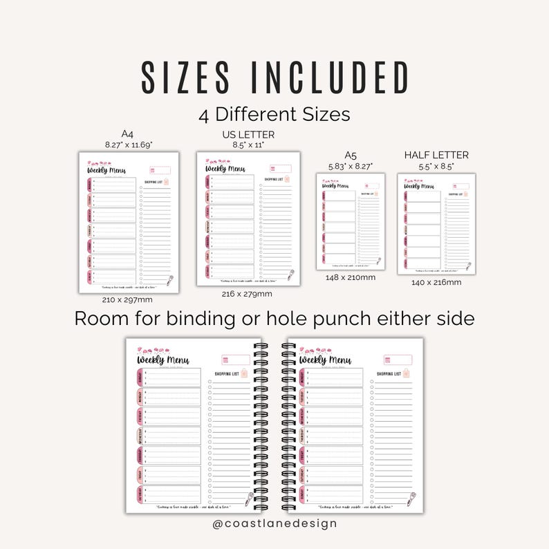 Weekly menu planner printable PDF in A4, US Letter, A5, and Half Letter sizes – instant digital download for printing or digital planning.