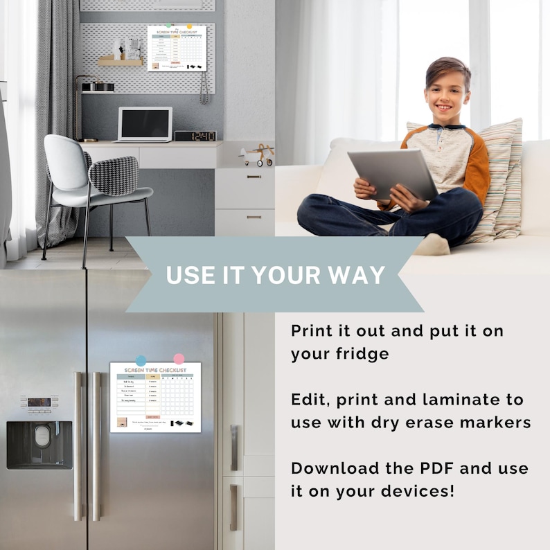 Editable Screen Time Chart checklist you can print it out and put it on your fridge, or edit, print and laminate to use with dry erase markers, OR download the PDF and use it on your devices!