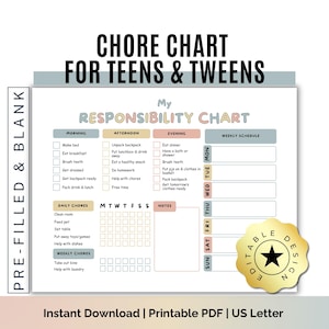 Teen Chore Chart: Editable Responsibility Chart, Daily & Weekly (Digital PDF, Canva Template)