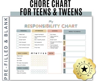 Teen Chore Chart: Editable Responsibility Chart, Daily & Weekly (Digital PDF, Canva Template)