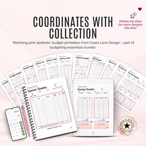 Matching pink aesthetic budget printables from Coast Lane Design – part of budgeting bundle collection.